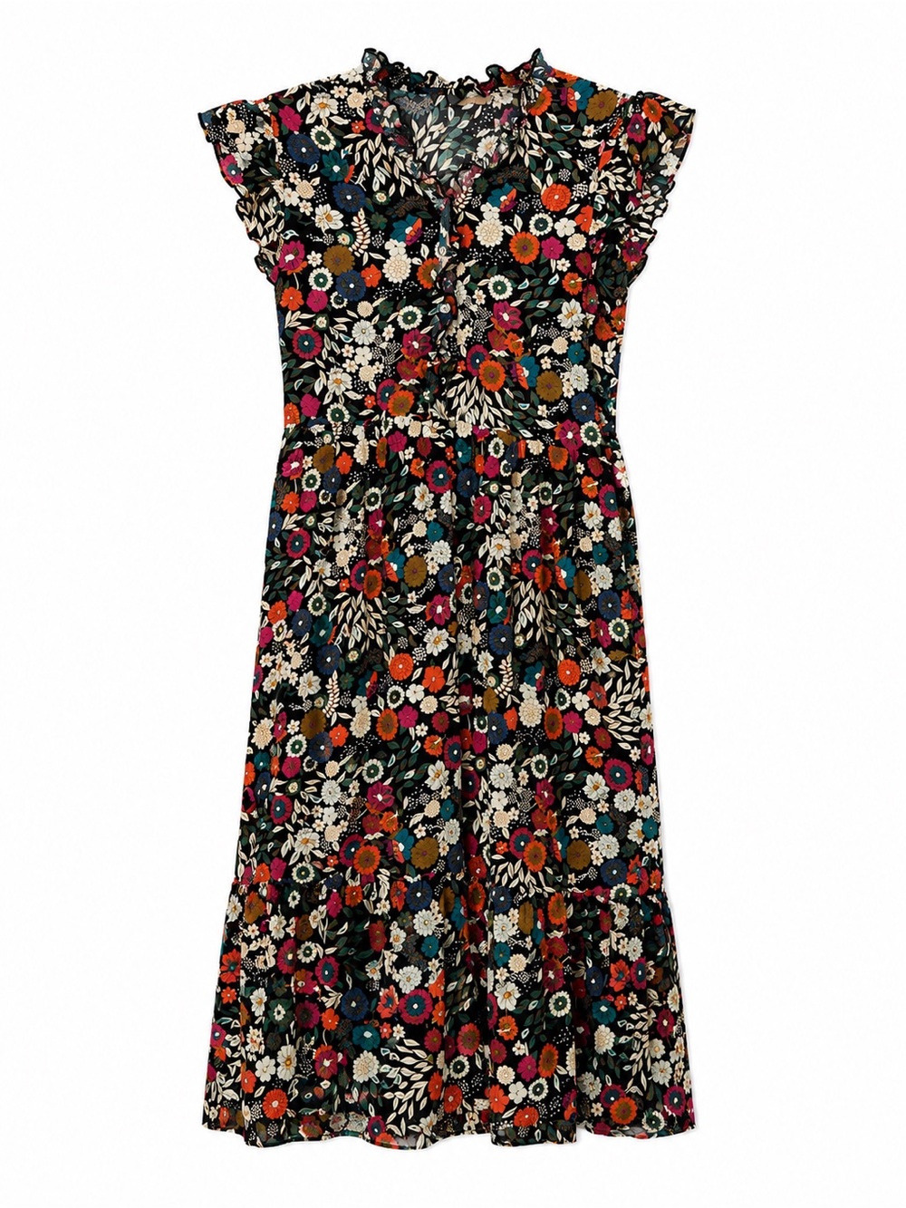 Chenault Floral Ruffle Midi Dress Black Boho Cottagecore Prairie Large